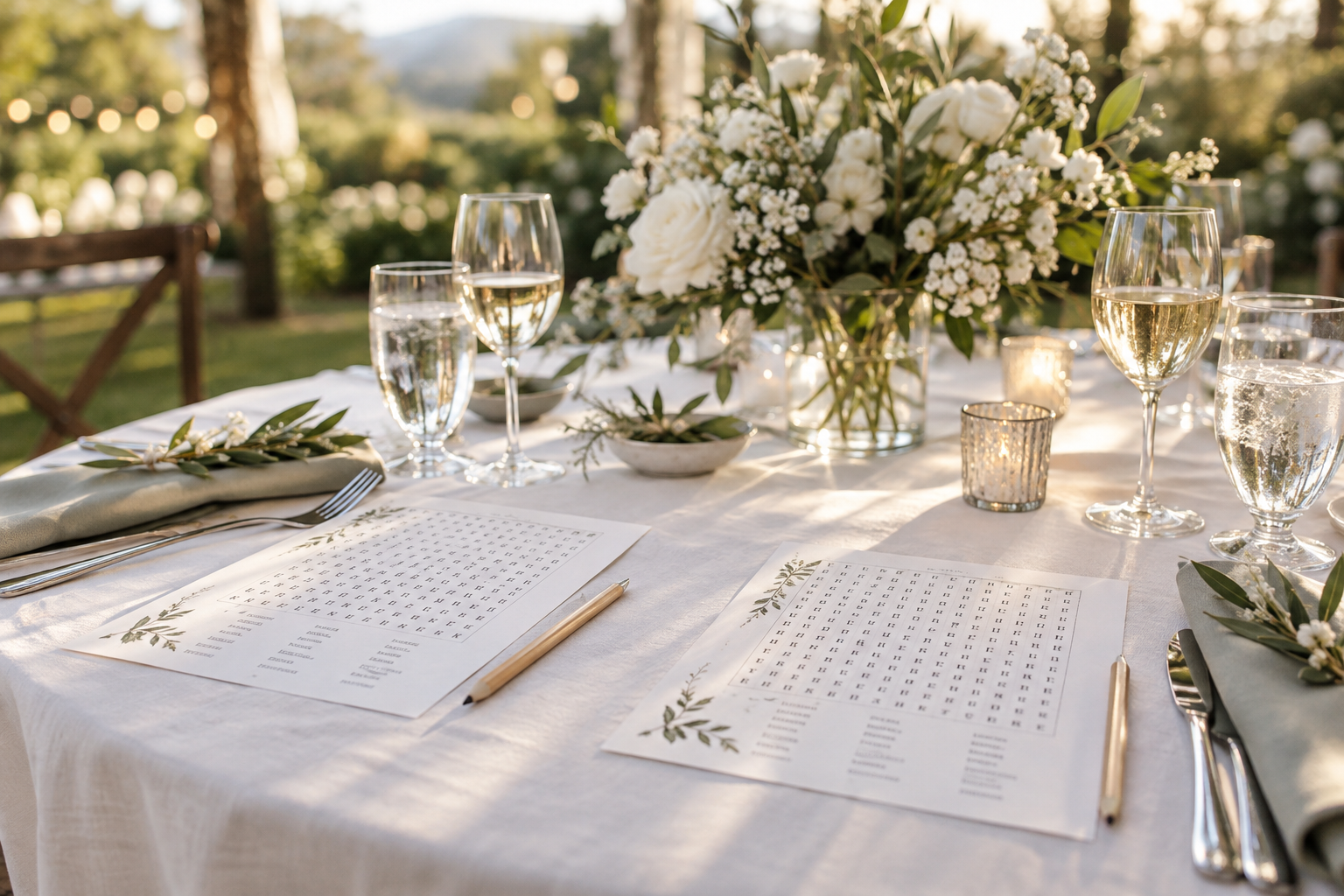 Printable puzzle sheets at an elegant garden wedding table with flowers and glassware