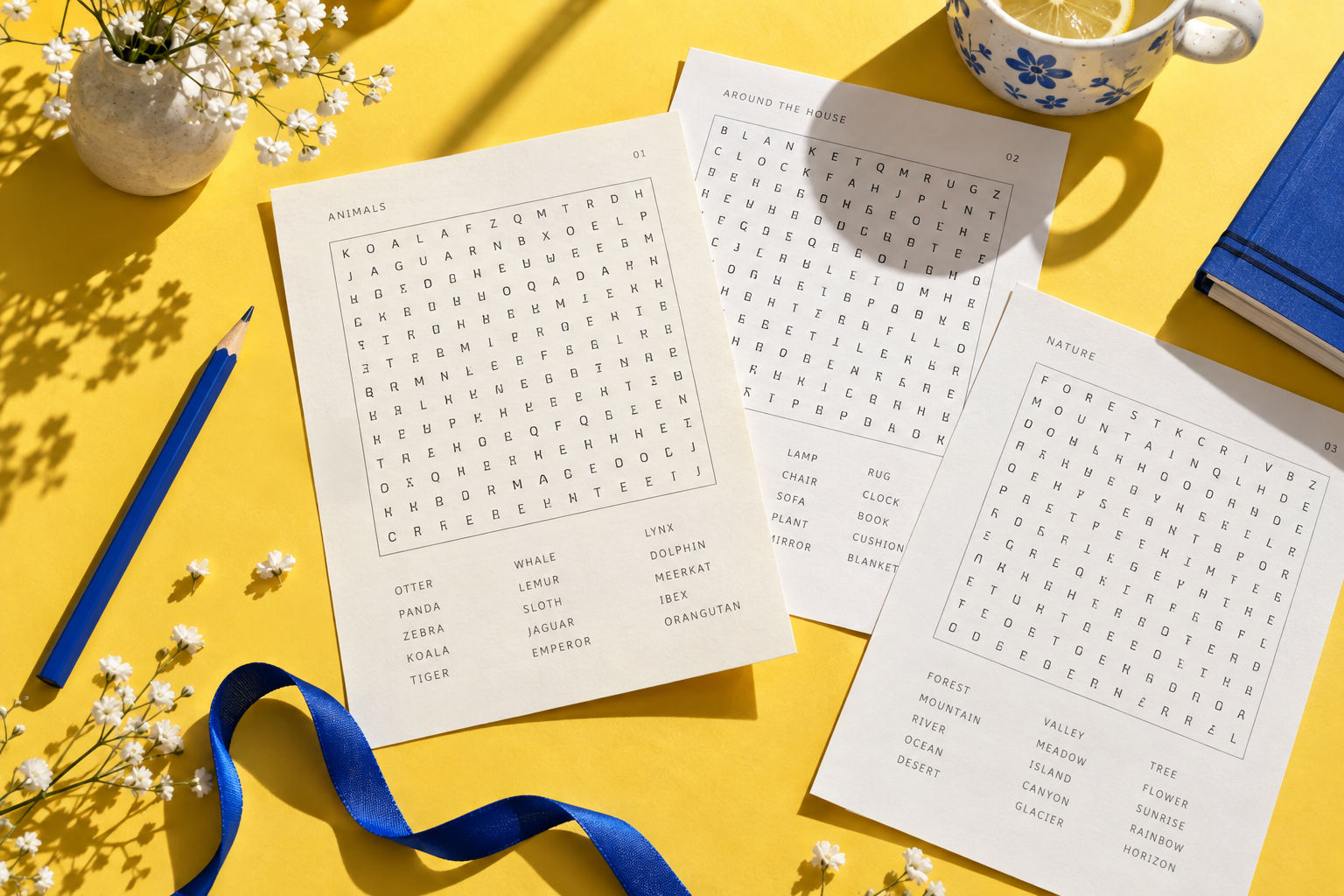 Word-search sheets, a blue pencil and flowers on a sunny yellow tabletop